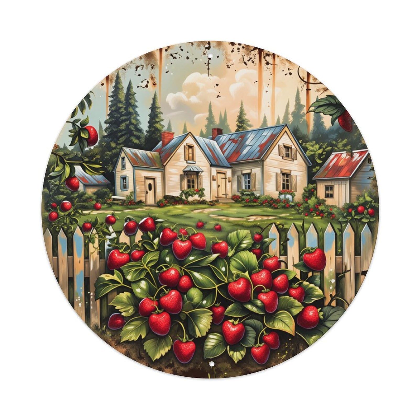 Cherry Garden Cottage Scene Fence Round Tin Sign Retro Metal Sign for Cafe Bar Pub Home Game Room Gym Club Wall Decoration Vintage Metal Poster 8x8 Inch