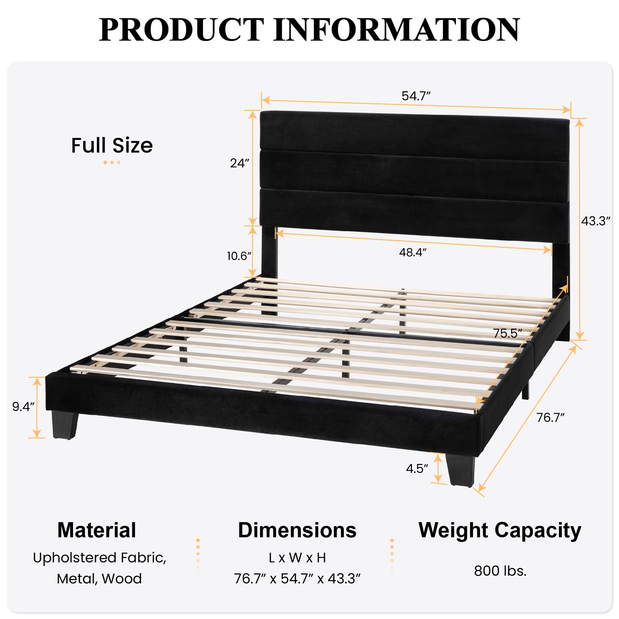 SHA CERLIN Full Platform Bed Frame with Velvet Upholstered Headboard, Mattress Foundation with Strong Wooden Slats Support, No Box Spring Needed, Black