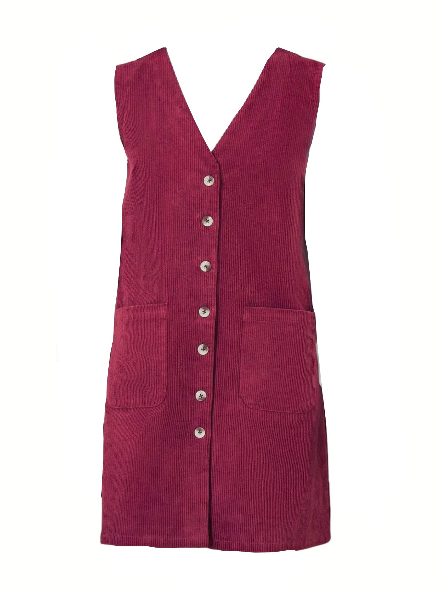 Yumi Women's Burgundy Cord Button Through Pinafore Dress With Pockets - Size 8 Uk