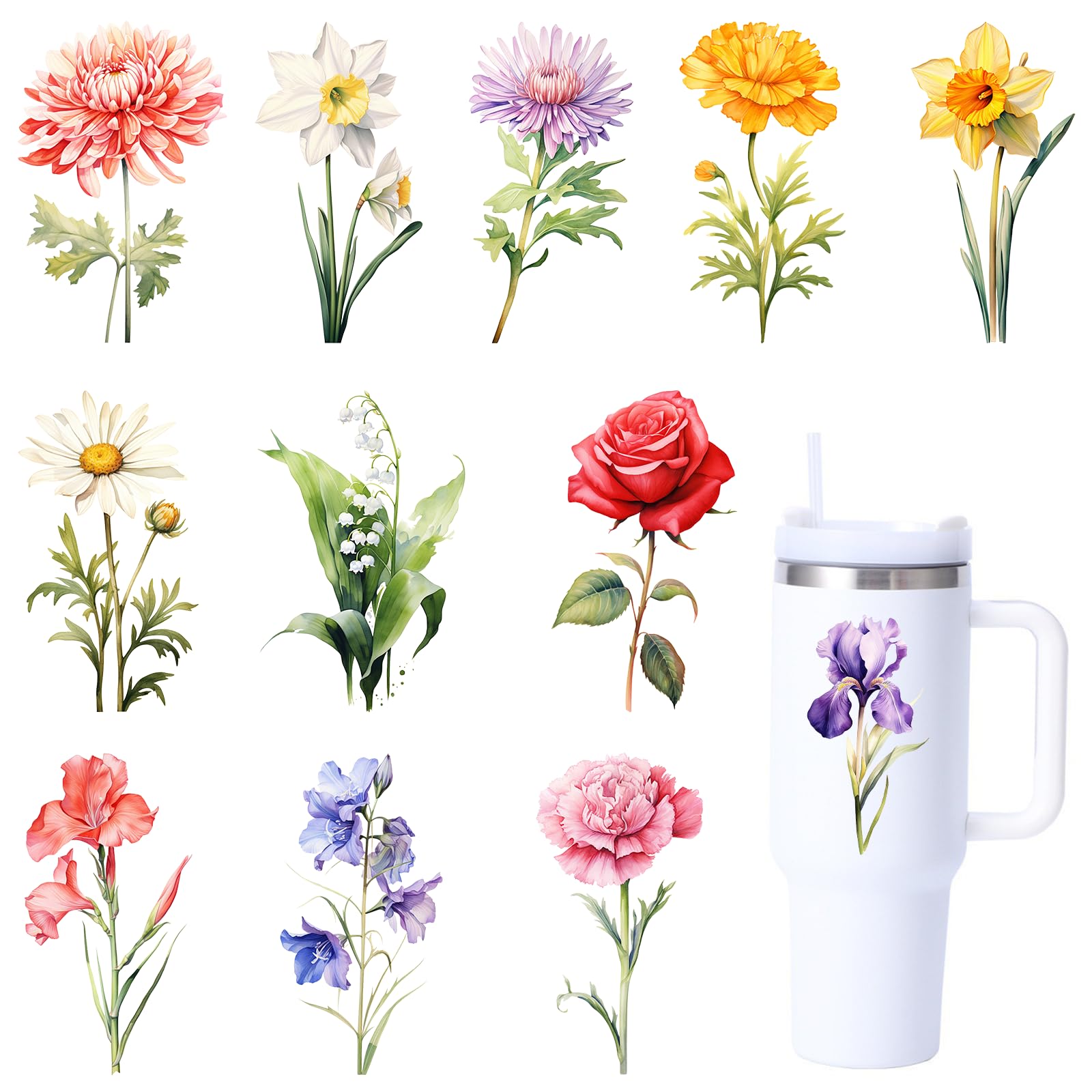 12 Sheets Vivid Birth Flowers UV DTF Stickers Rub on Transfer Decals for Furniture and Mug UV DTF Transfers for Cups