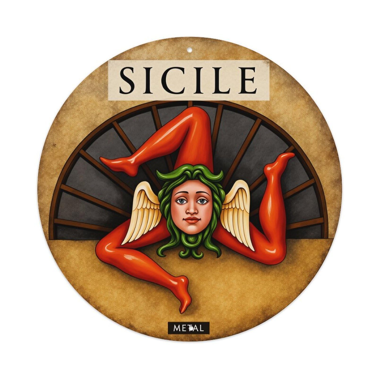 Sicile Metal Angel Wings Red Round Tin Sign Retro Metal Sign for Cafe Bar Pub Home Game Room Gym Club Wall Decoration Vintage Metal Poster 8x8 Inch
