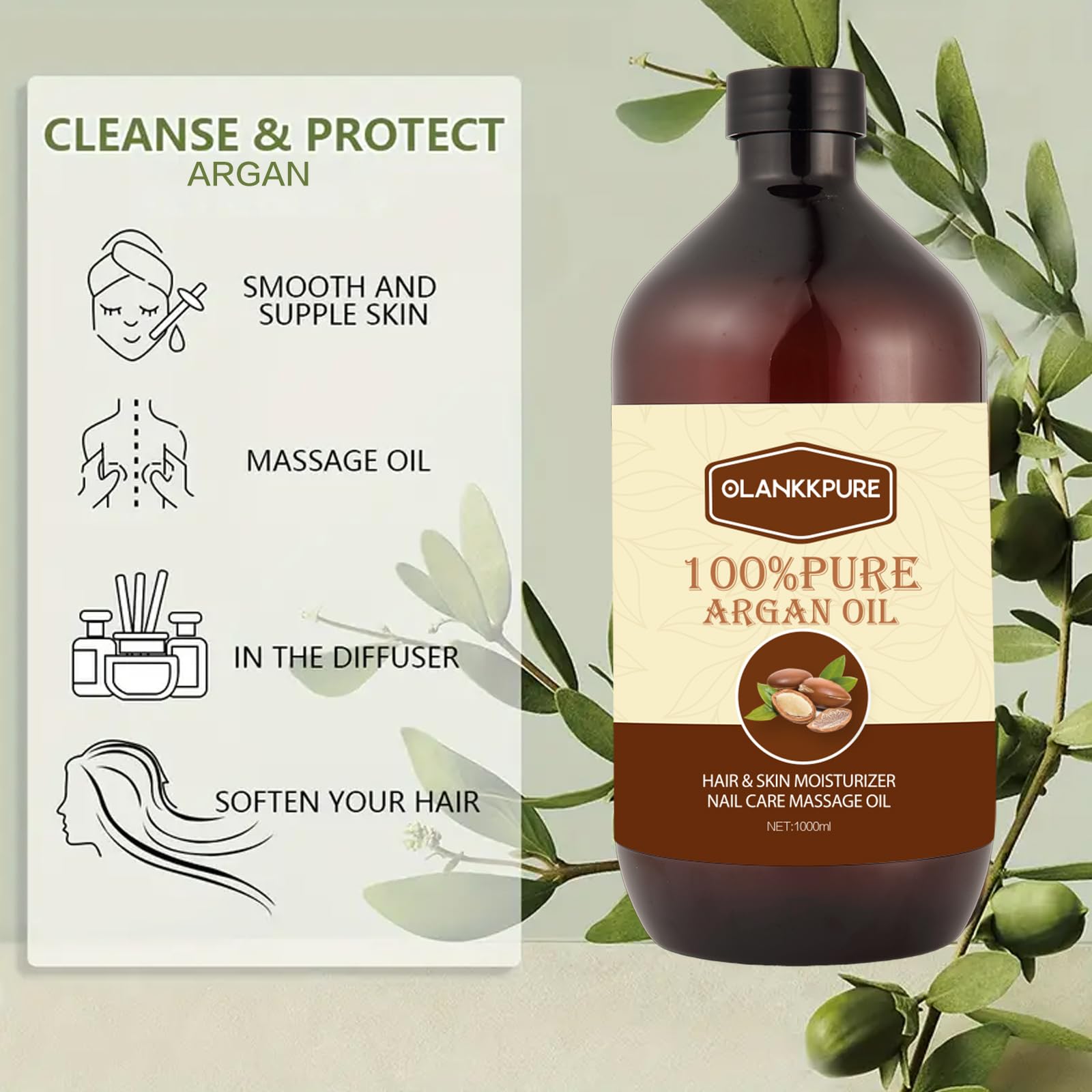 100% Reines Arganöl, Premium Ätherisches Öl für Haare, Haut, Nägel, Massage, Feuchtigkeitspflege, Mehrzweck Körperöl, 1000ml