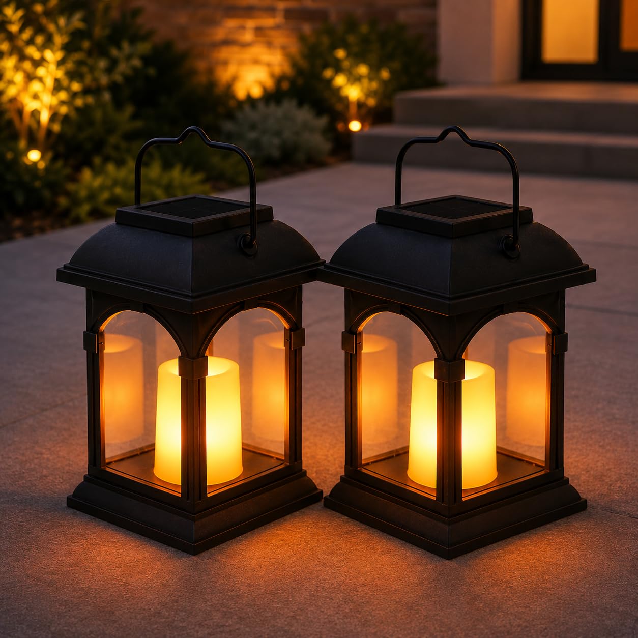 Festive Lights – Set of 2 Solar Candle Lanterns – 15cm Black Outdoor Hanging or Table Lights, Realistic Flickering Amber LED Flame Effect, Waterproof Garden, Patio & Decking Decorations, IP44