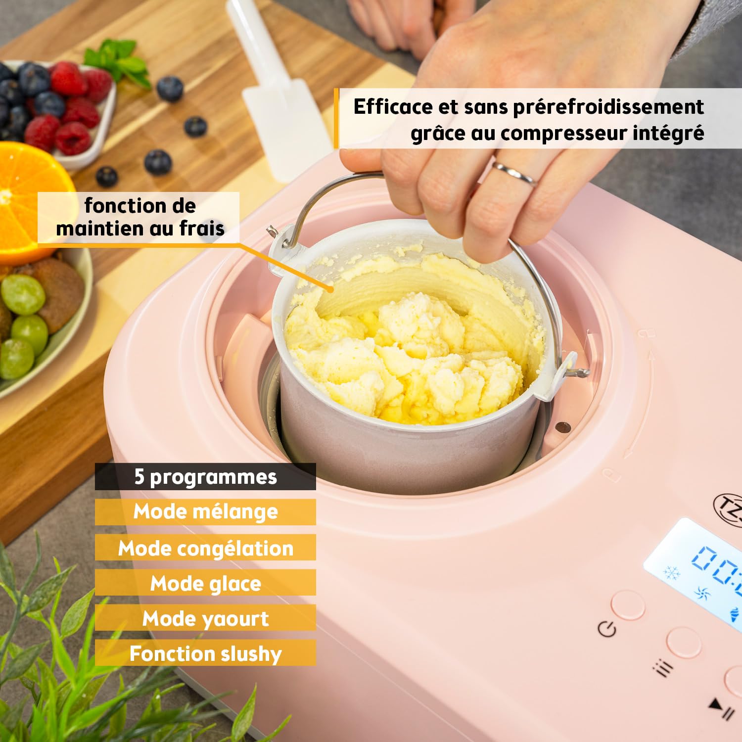 TZS First Austria - Sorbetière 1L avec Compresseur 3-en-1-100W Machine à Glace Auto-Réfrigérante - Pour Frozen Yogurt, Sorbet & Glace - Cuve Inox - Rose