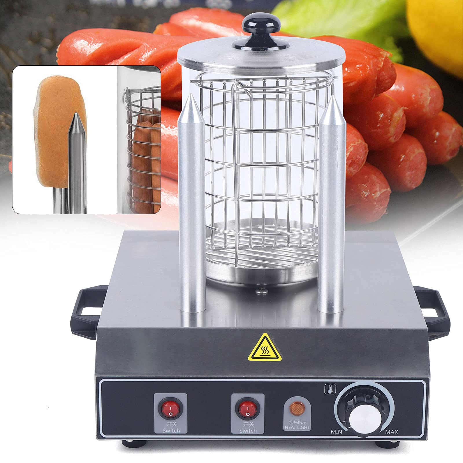 Hot Dog Maker da 400 W, 220 V, scaldabagno, 2 spiedini, in acciaio inox, temperatura regolabile