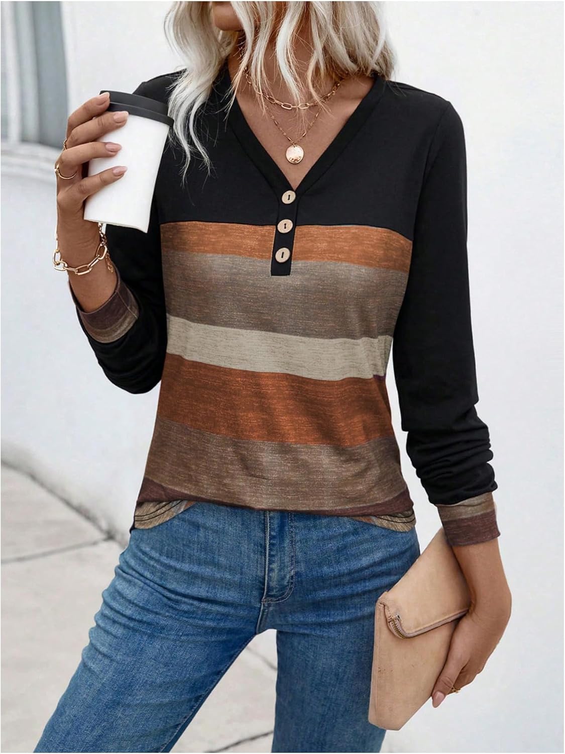 Women's Color Block Button Front Tops Fall V Neck Long Sleeve Dressy Casual Henley Shirts - Image 4