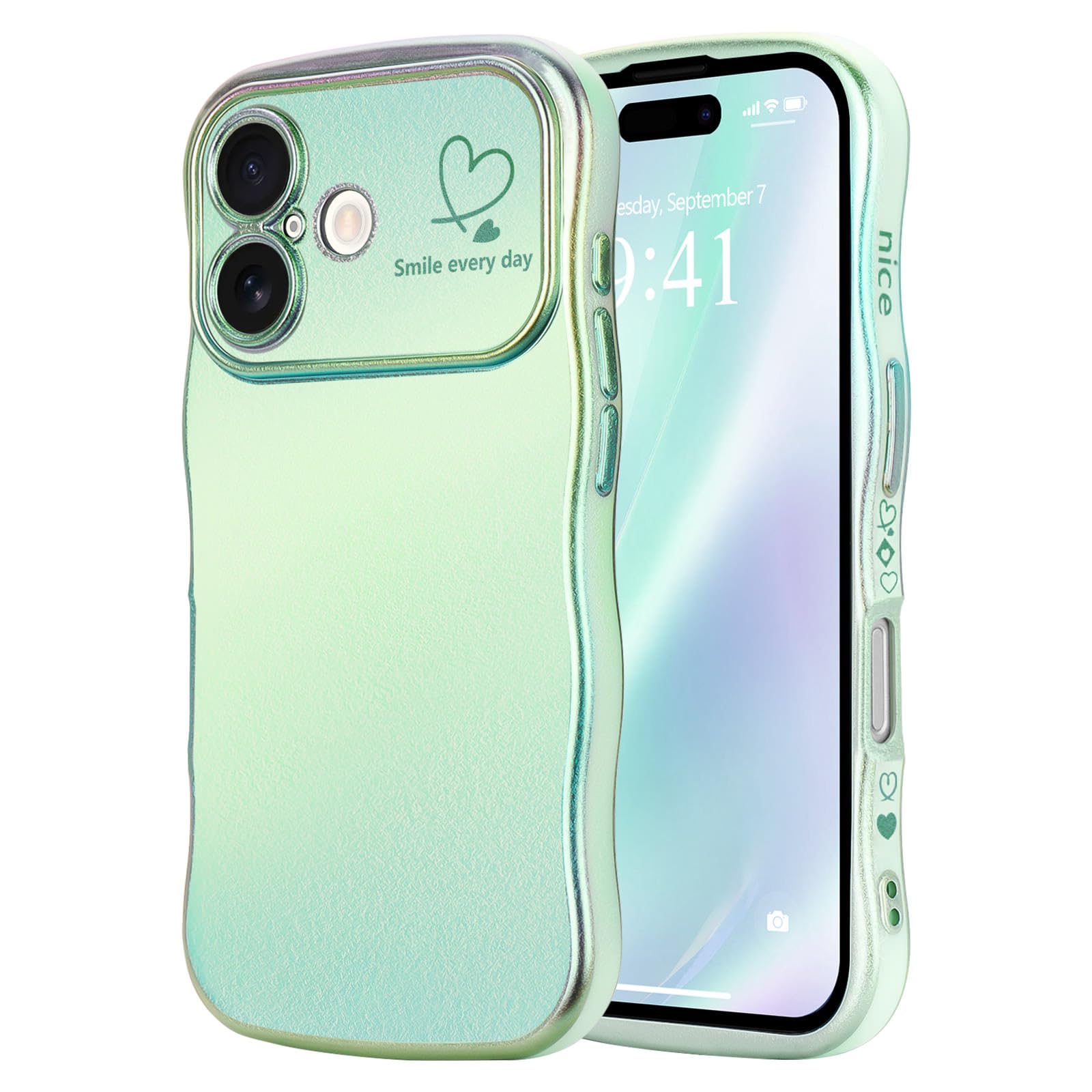 LCHULLE for iPhone 16 Plus Case for Women Girls, Cute Colorful Wave Frame Curly Shape with Love Heart Raised Camera Protection Cover Luxury Plating