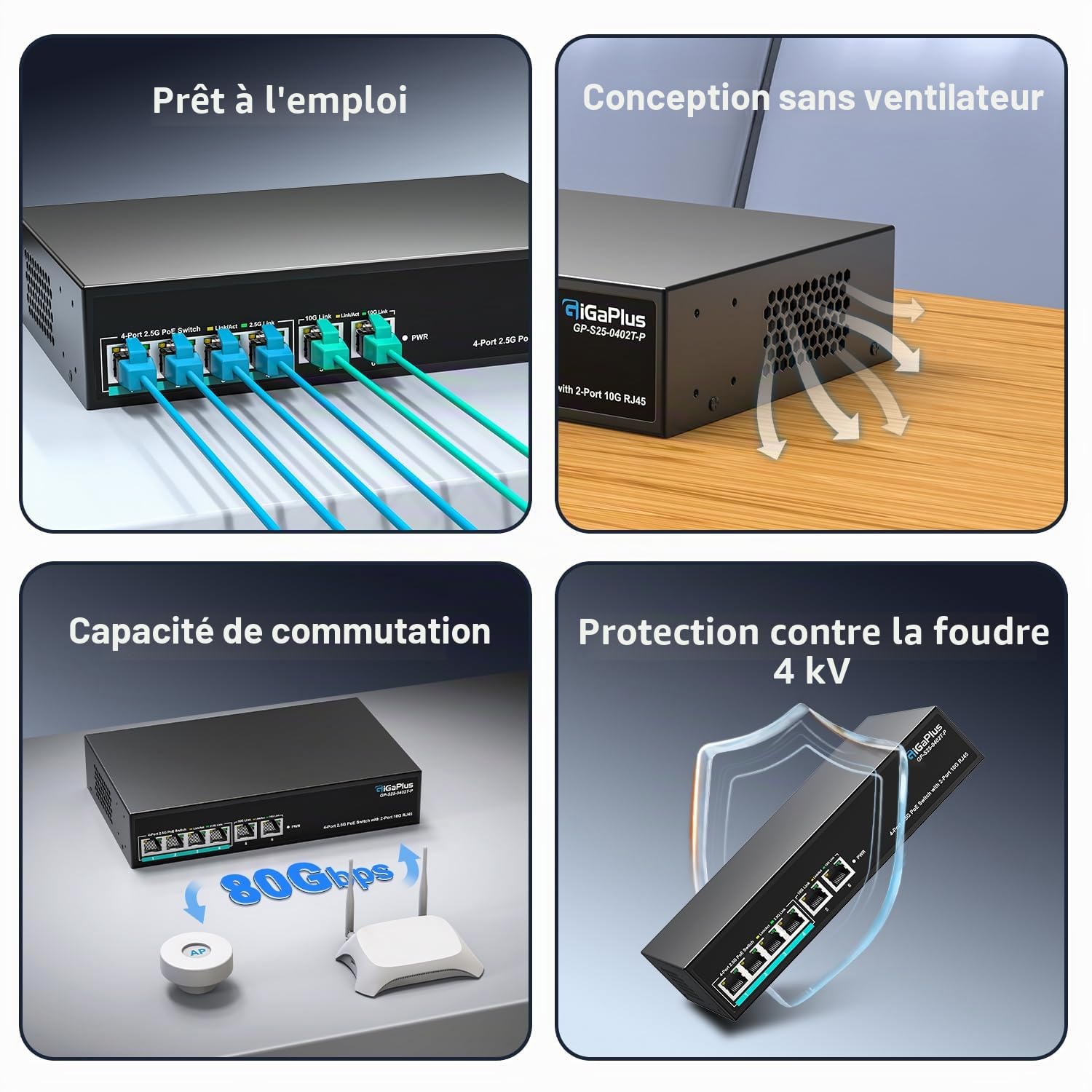 Switch Ethernet PoE Non administrable 6 Ports 10Gb avec 4 Ports PoE 2.5G Base-T et 2 Ports RJ45 10G. Capacité de Commutation de 60Gbit/s. Switch réseau GiGaPlus 10Gbit/s pour NAS/PC 2.5G/10Gbit/s