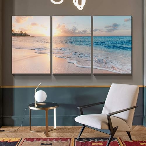 Miniatura 10 de Denozer - Lienzo decorativo de 3 paneles para decoración del hogar, mar azul, puesta de sol, blanco, playa, pintura, impresión sobre lienzo, paisaje