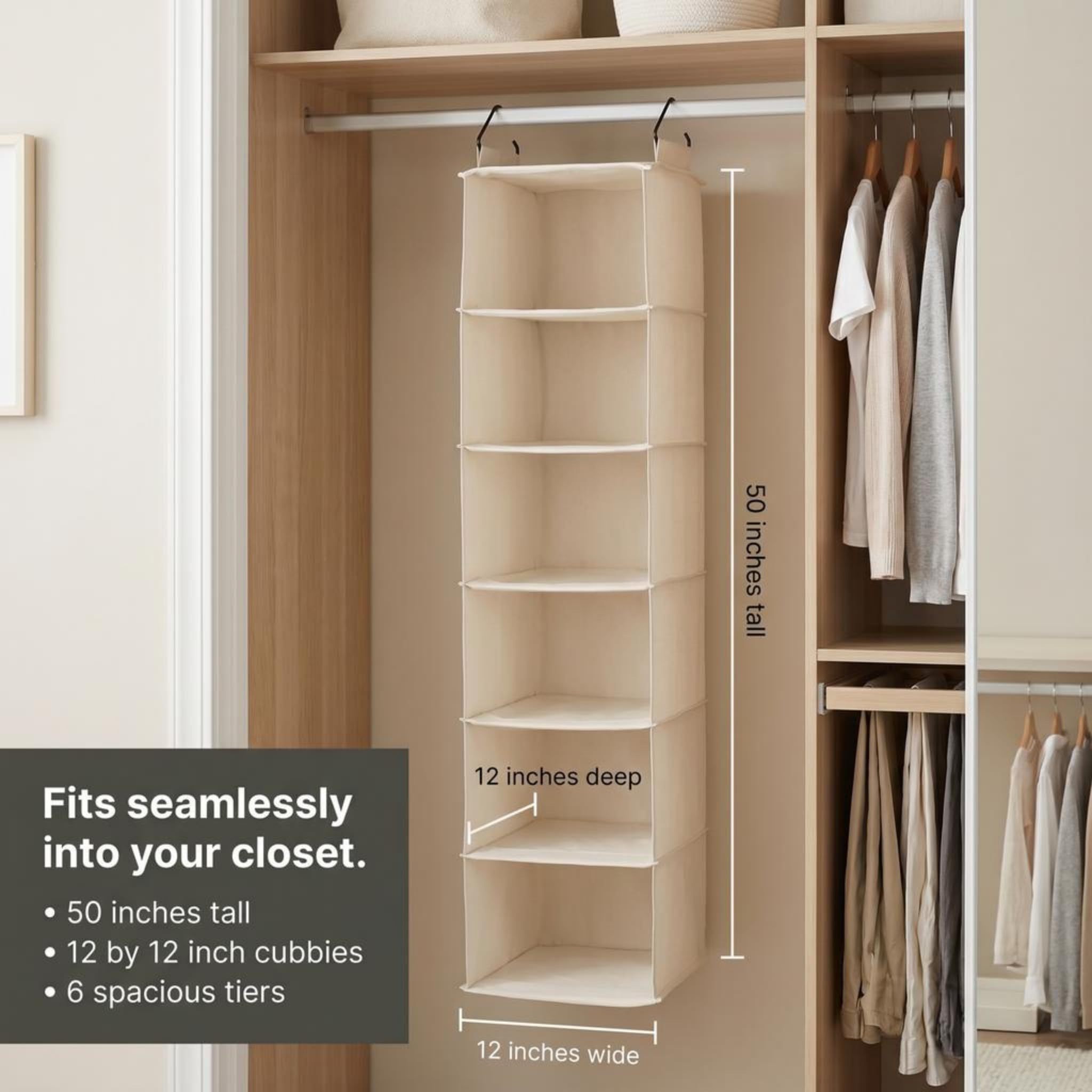 Household Essentials Cedarline 6-półkowy wiszący organizer do szafy, wytrzymałe płótno bawełniane, oddychające, uniwersalne, kompaktowe, idealne do szafek z prętami, naturalny