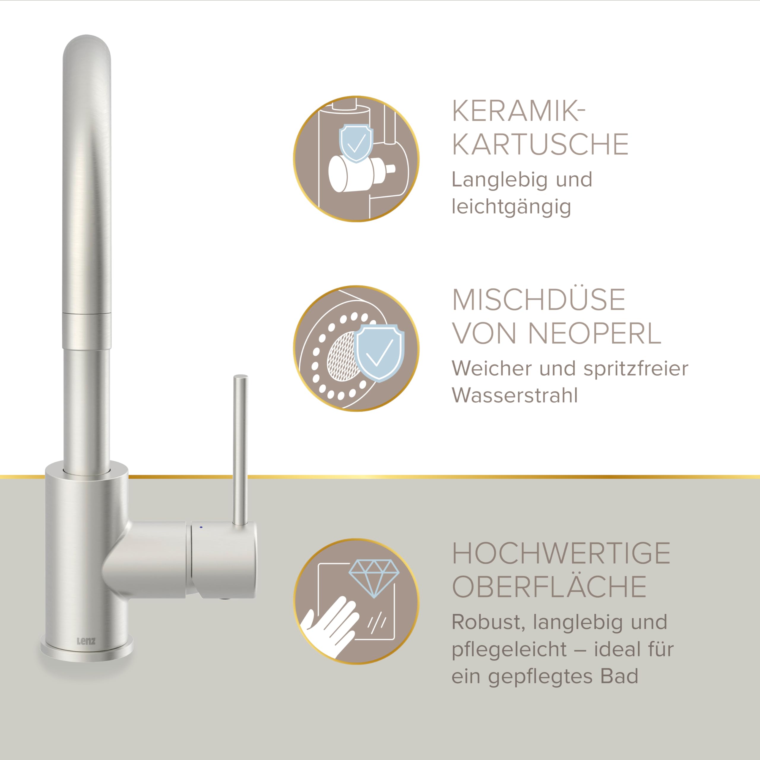 Lenz Lio 42030011 - Grifo de cocina (acero inoxidable, con función de ahorro de agua de 2 niveles, caño alto y giratorio 360°, superficie antihuellas, altura de 36 cm)