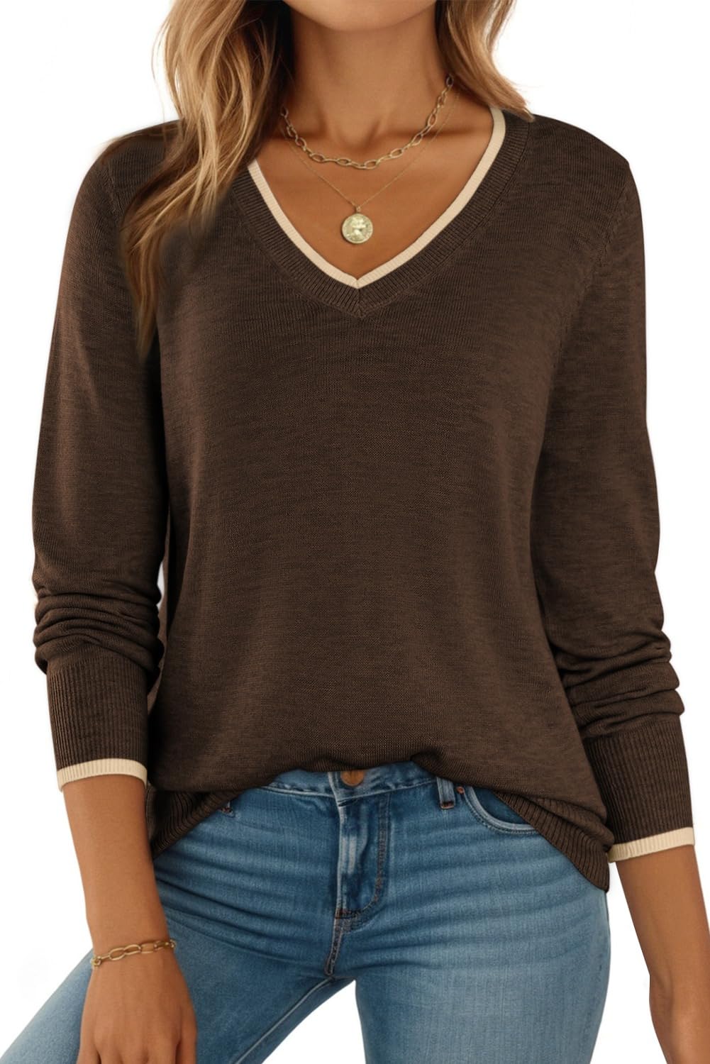 Dokotoo Womens Sweaters Dressy Casual Long Sleeve V Neck Lightweight Ribbed Knit Wool Pullover Jumper Top