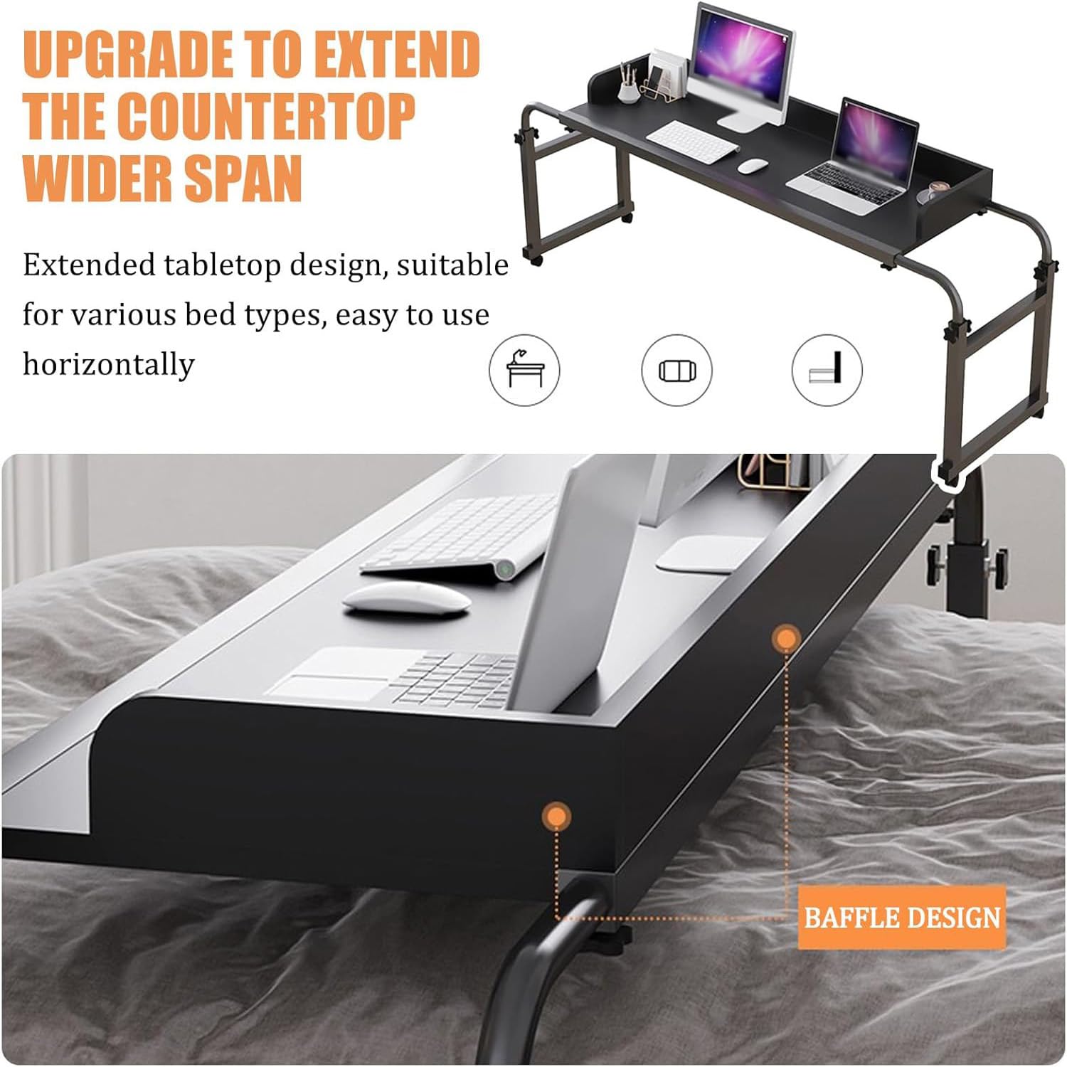 Mesas de Cama con Ruedas para Hospital, Mesa de Cama para Comida, Silla de Ruedas, Bandeja para portátil, Escritorio con Ruedas Ajustable, Gran Altura (Color: Negro+)