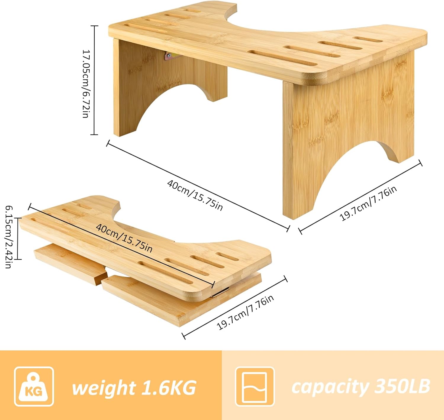 LUOJINYI Tabouret de toilette en bambou pliable 17 cm – Position accroupie 35° pour digestion saine, anti-constipation et gain de place - Image détaillée