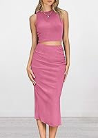 Vista 2 de PRETTYGARDEN Conjunto de 2 piezas de verano para mujer, cuello redondo, sin mangas, con abertura, falda midi