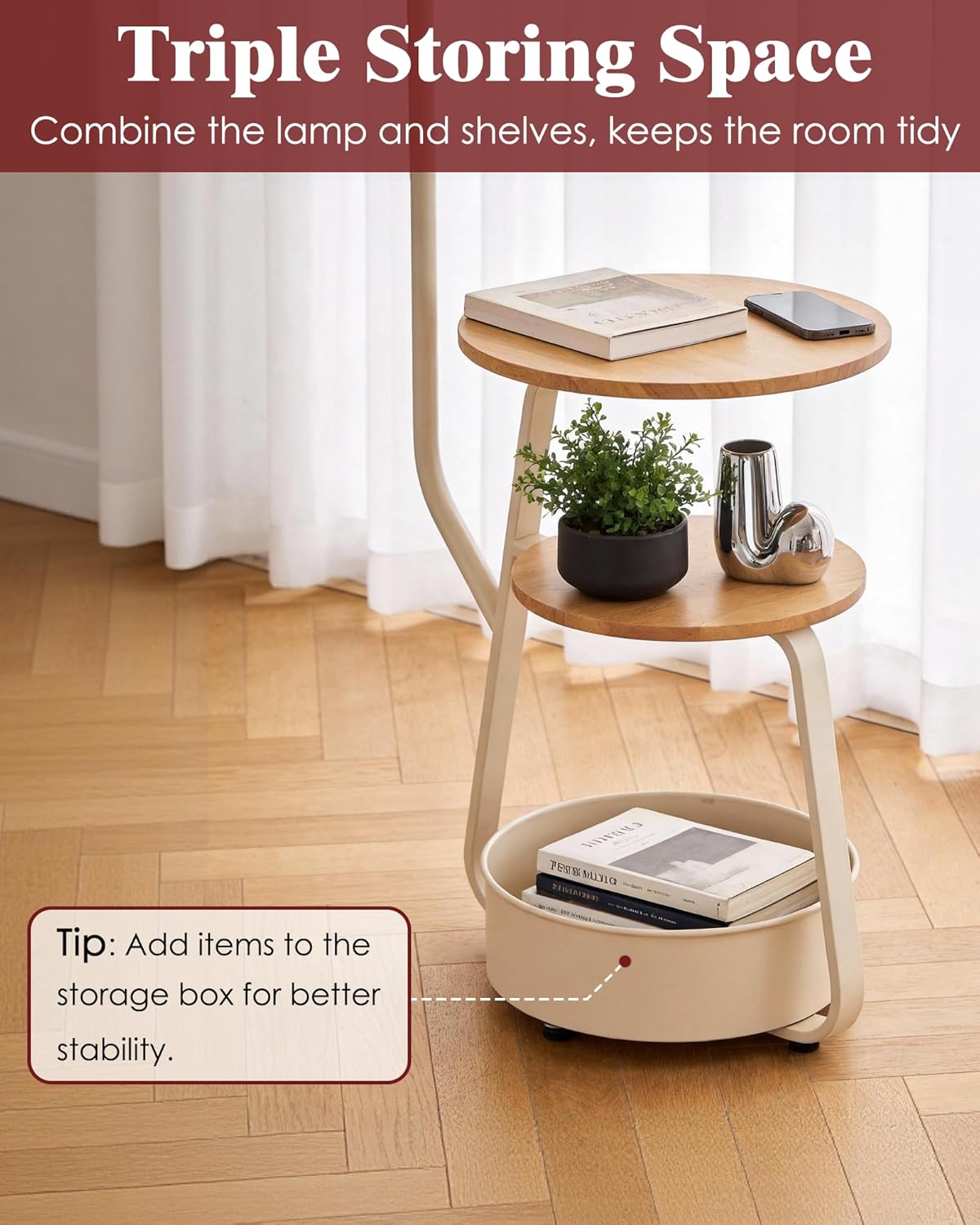 Modern Smart Floor Lamp with Side Table, 3 Color Temperatures, Stepless Dimming, Remote & App Control, Adjustable Height, 2-Tier Shelf & Storage Basket, for Living Room Bedroom Office White