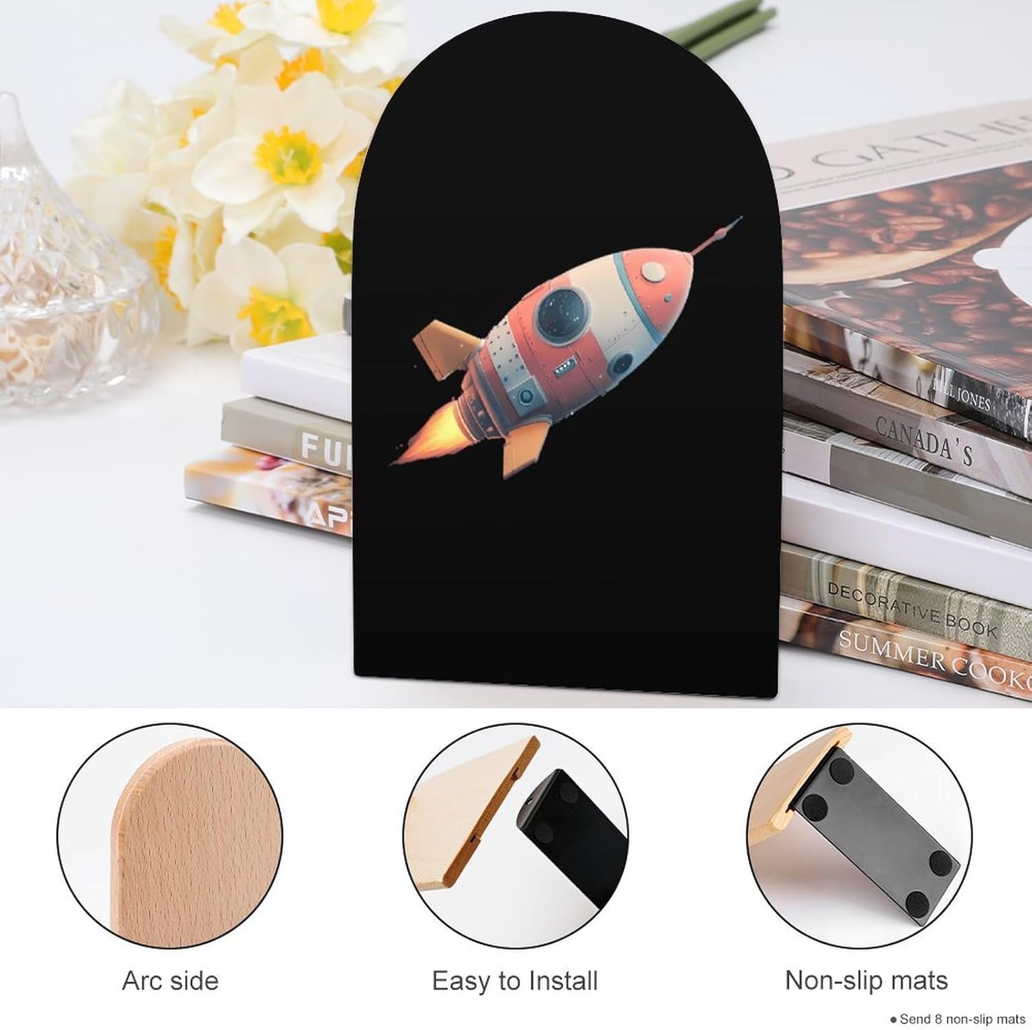 Spaceship Cute Wood Book Ends Decorative Bookends 1 Pair Non-Skid for Shelves Home Office 7 X 5 Inch