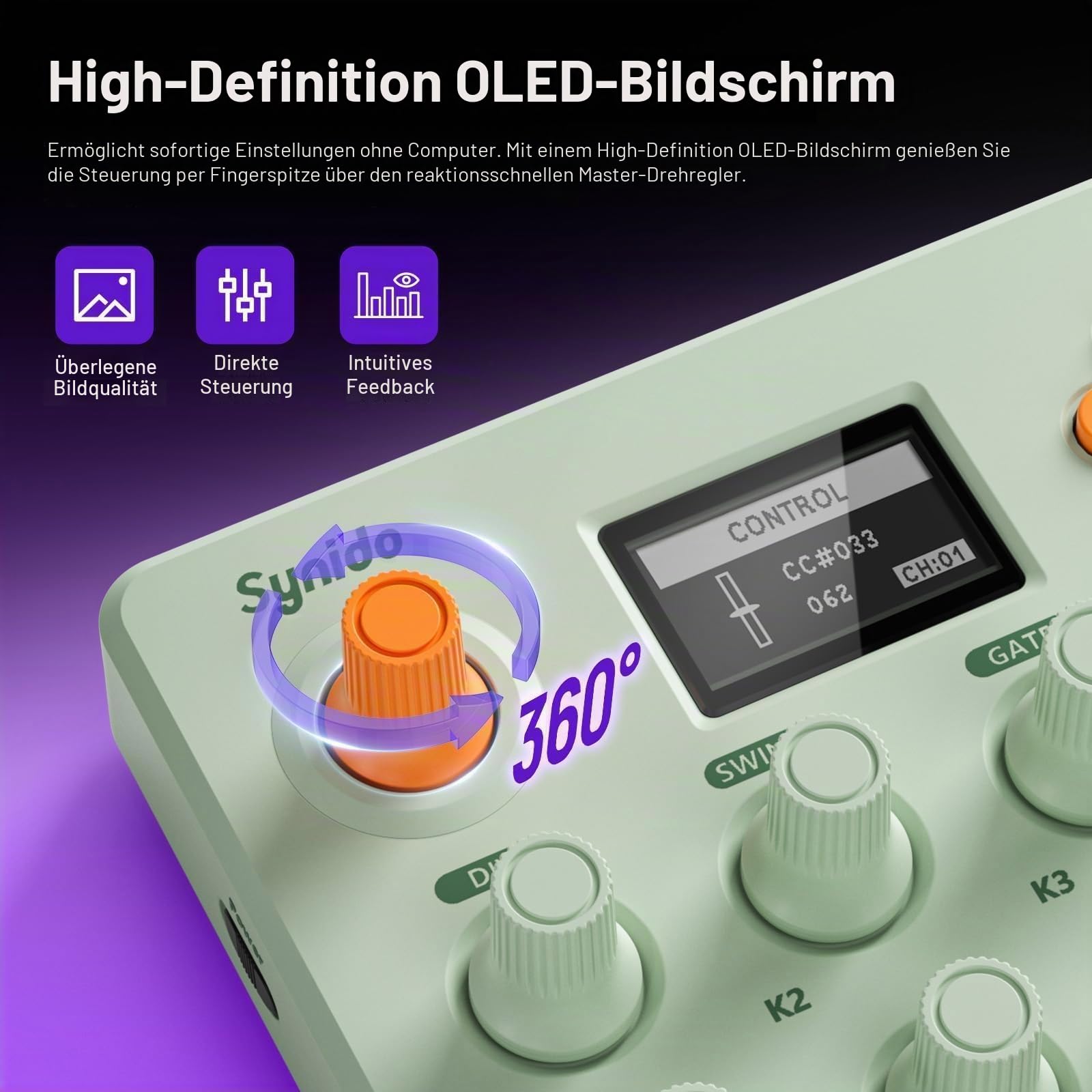 Synido Wireless MIDI Pad Controller, USB Wiederaufladbare Beat Maker Maschine für Musikproduktion Professional mit 16 RGB Beat Pad, OLED Bildschirm, 16 Step Sequencer, MIDI In/Out/Thru