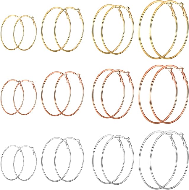 12 Pairs Big Hoop Earrings For Women Girls, Large Hooped Earrings Round Circle Hoop Earrings Huggie Hoops Earrings Statement Drop Earrings Set, Silver, Gold, Rose Gold ( 30mm, 40mm, 50mm, 60mm )