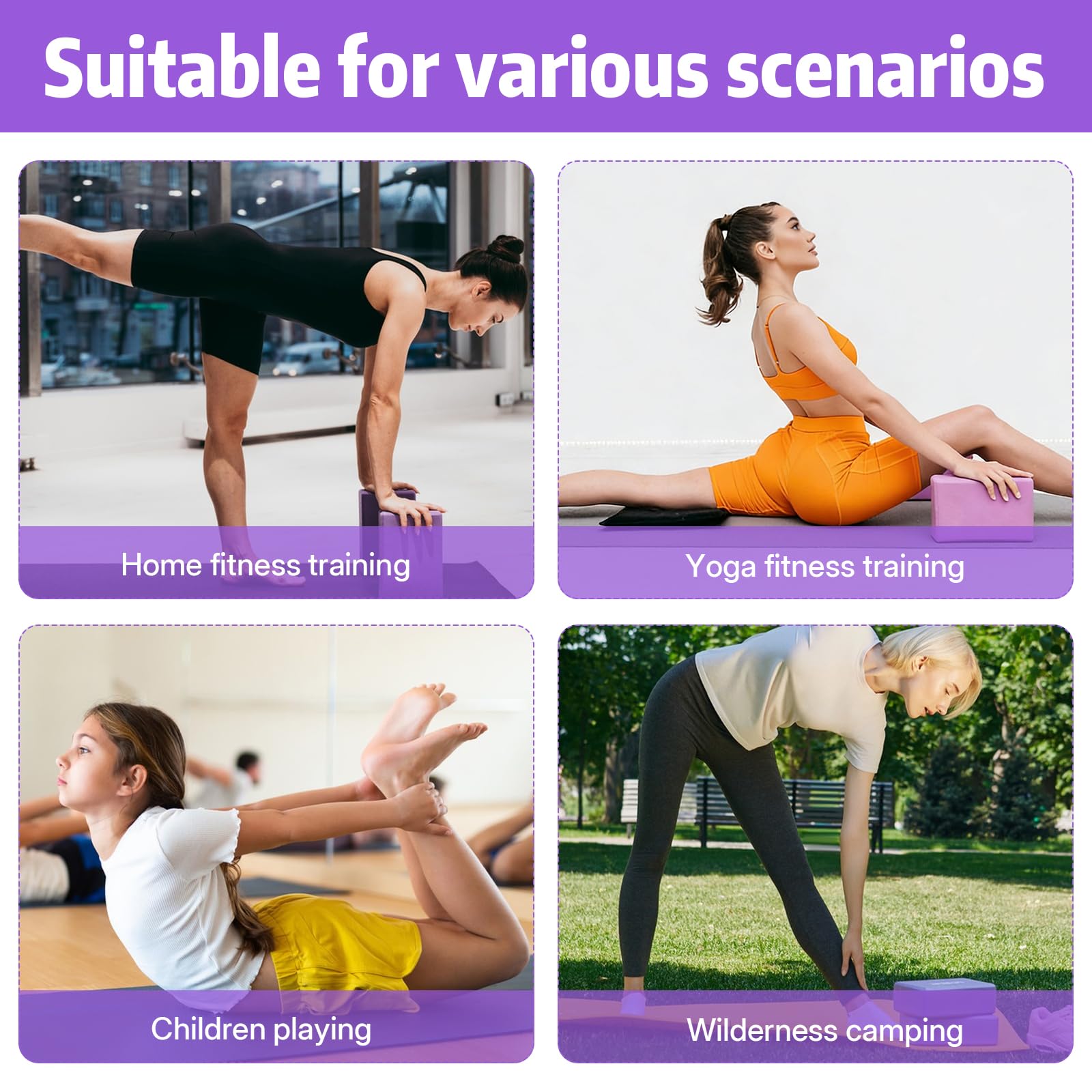 Lot de 2 Brique Yoga Avec Bandes de Fitness, Bloc Yoga Violets EVA | de haute densité bloc de mousse pour pilates étirement méditation accessoires de fitness