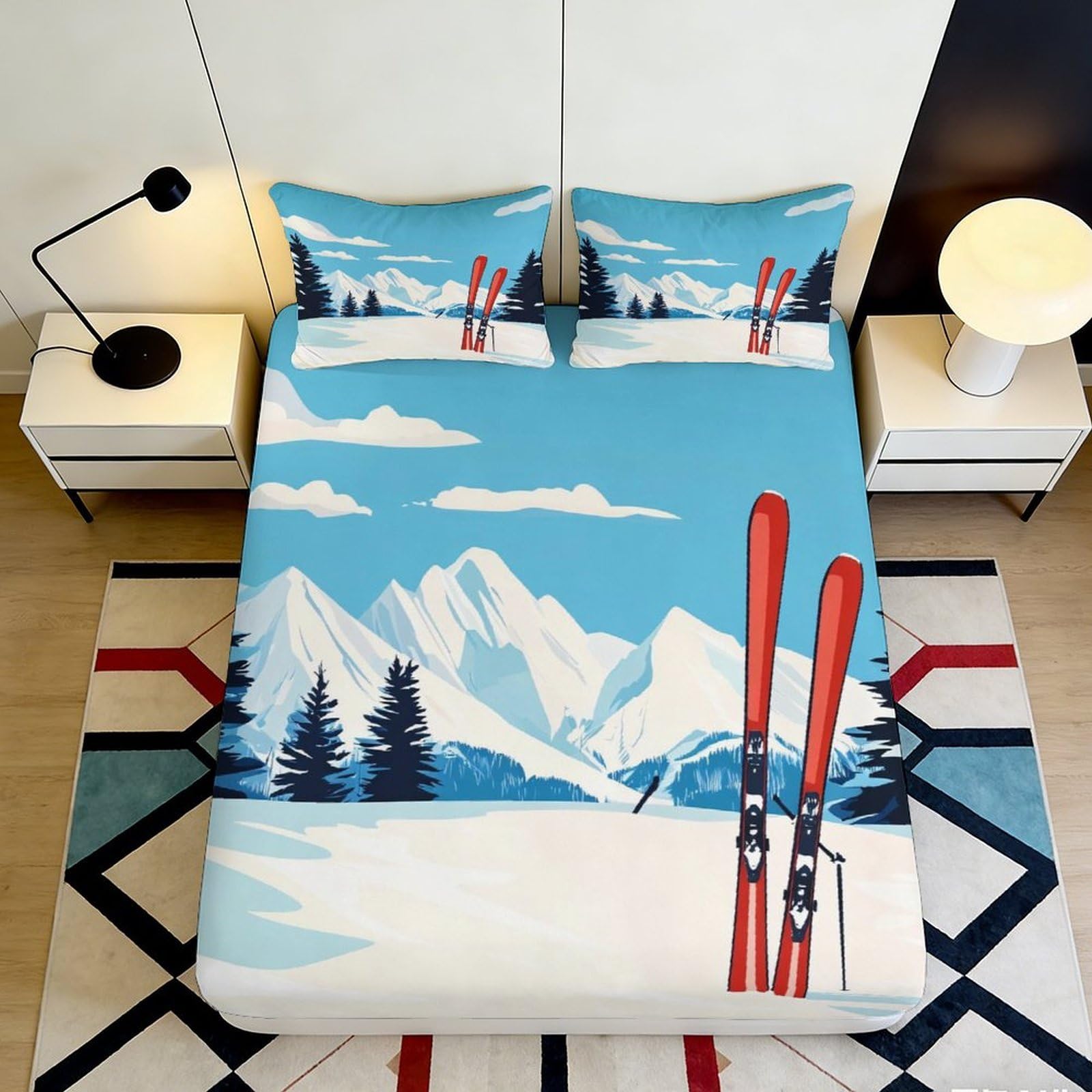 3D Printed Ski Mountain Fitted Sheet Microfiber Blue Winter Landscape Mattress Cover for Bedroom Guest Room Decor 90x200x25cm