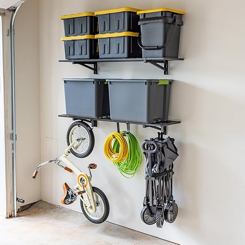 StoreYourBoard Paquete de 2 estantes de pared de garaje resistentes, estante de almacenamiento de pared de 1 x 4 pies con ganchos, soporta 200