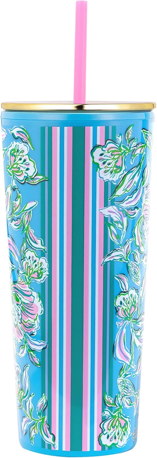 Lilly Pulitzer Double Wall Tumbler with Lid and Reusable Straw, Insulated Travel Cup Holds 24 Ounces, Chick Magnet