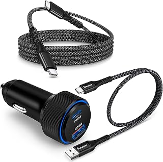 USB C Fast Car Charger,43W PD [25W + 18W] Dual Port Fast Charging Cigarette Lighter Car Charger Adapter with 6FT +1.5FT USB C Cable Work for Samsung Galaxy S22 S21 A32 A51 A71 Note 21 Google Pixel 6