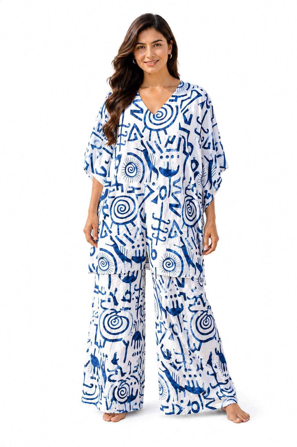 Women's Cotton Printed Kaftan Co-Ord Set | V-Neck Oversized Kaftan Top with Palazzo Pants | Beach Wear, Resort Wear, Lounge Wear | White & Blue-picture-31