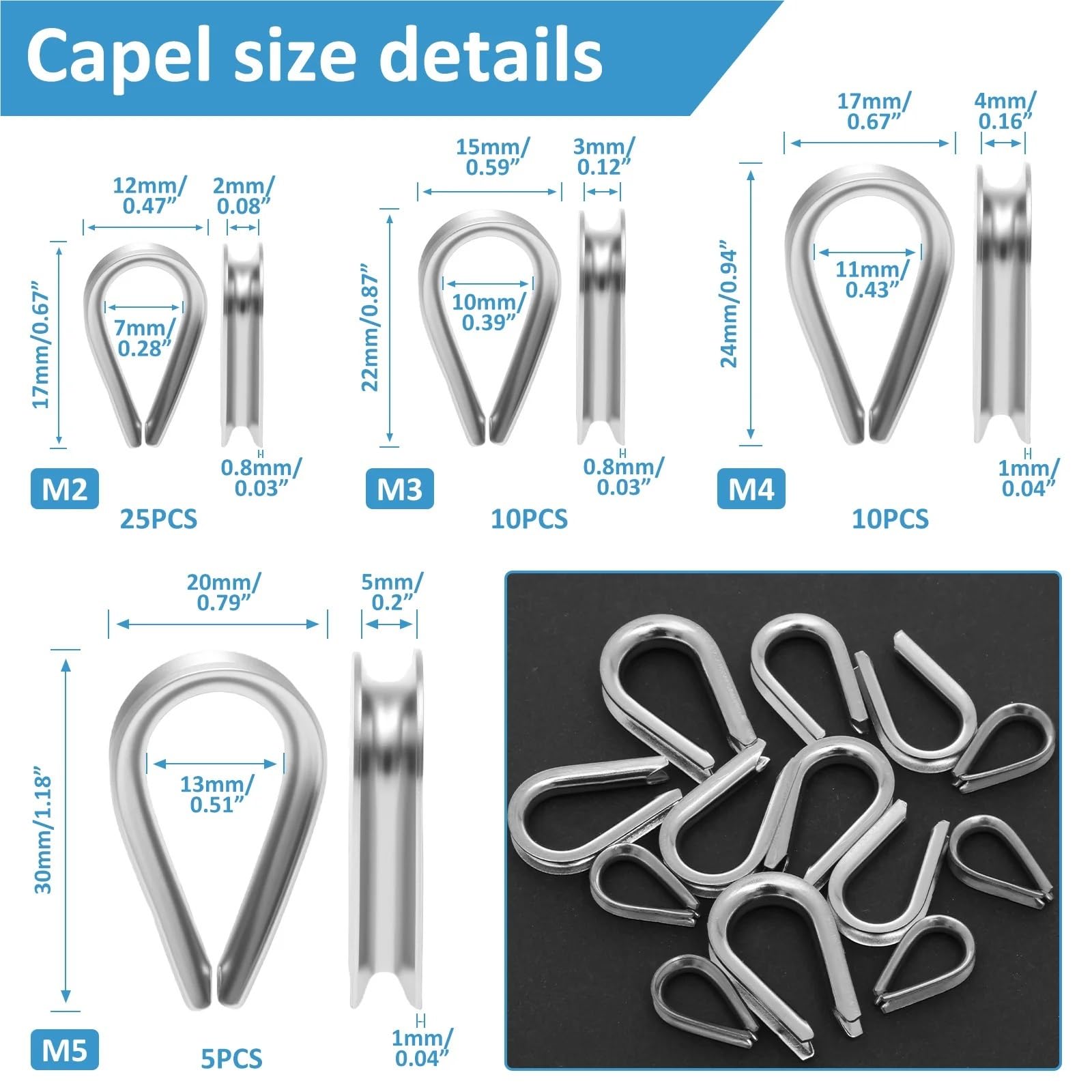340 pièces de manchons sertissage en acier inoxydable, clips fixation, aluminium/joints câbles M1-M5, cosses câble Convient aux câbles et aux cordes