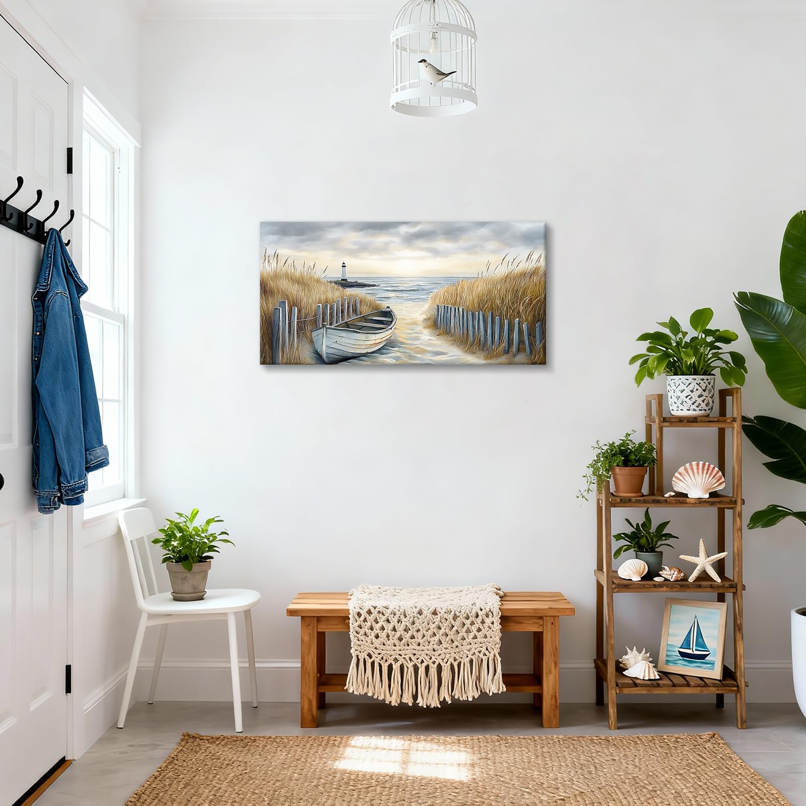 WENGTIAO Plage Côtière Grande Tableau Decoration Murale Encadré Toile Peinture Bateau Phare et Paysage Marin Decoration Murale Salon Maison Deco Bureau Chambre 100x50 cm