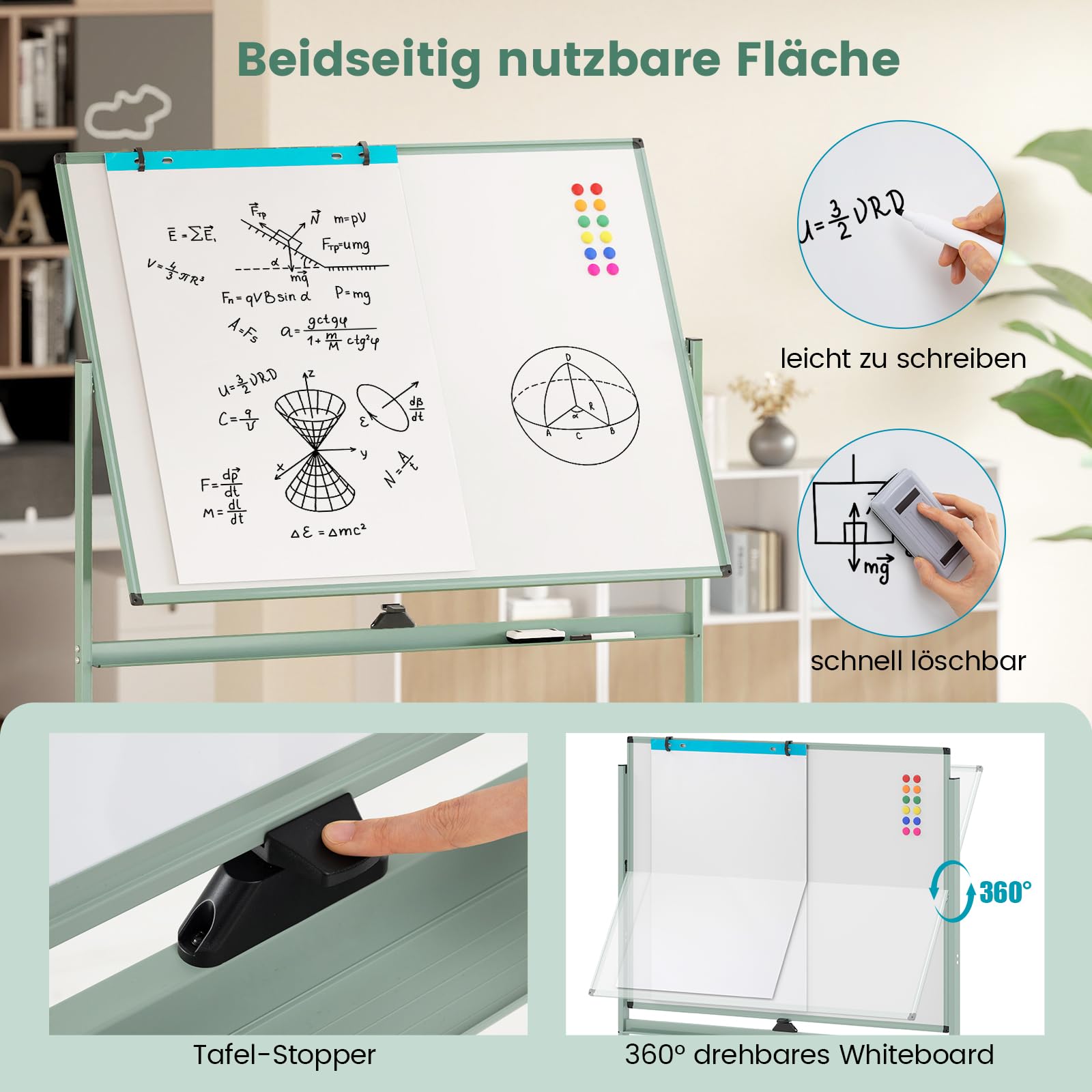 GOPLUS 120x90cm Mobiles Whiteboard mit Ständer & Flipchart, Höhenverstellbares doppelseitiges Whiteboard mit abschließbaren Rollen, um 360° drehbare magnetische Tafel mit Alurahmen & Zubehör(Grün)