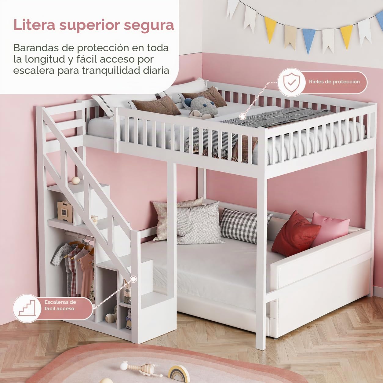 Litera de 90 x 200 cm, Cama Infantil de Madera Maciza con Escalera de Seguridad y Armario de Almacenamiento, Cama Juvenil con somier de láminas, Cama Infantil Multiusos para habitación