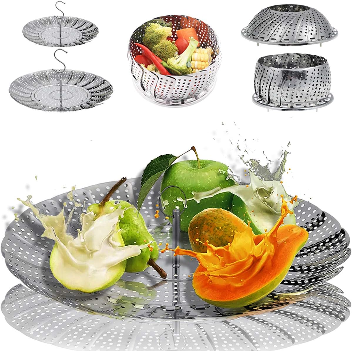 2-Pack Steamer for Cooking Vegetable Steamer Basket for Instant Pot Stainless Steel Metal Veggie Steamer for Food Collapsible Steamer Insert Steamer Rack, Veg Steamer Tray, Large and Small Size