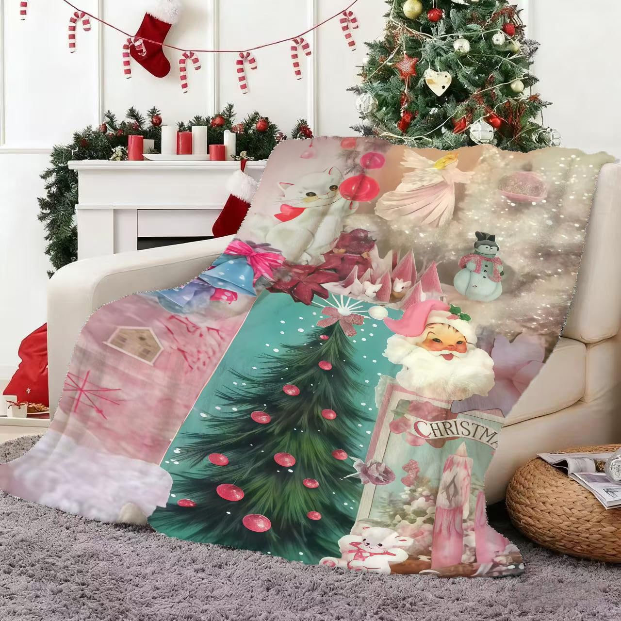 Vexthorion Girls Green Christmas Throw Blanket 150X100cm - Soft Cozy Cat Bear Design-Cuddly Xmas Blanket Santa Claus Decor For Bed Sofa -Funny Beautiful Ambiance Personalised For (White)