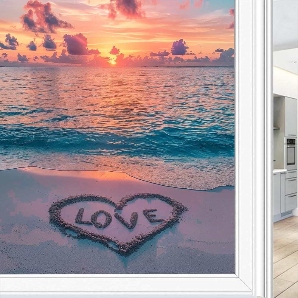 Fyfmushe Vintage Ocean Vintage Sea Window Privacy Film Stained Glass Colorful Sunset Beach Love Sea Window Clings For Glass Decorative Stickers Static Cling Sun Blocking Coverings 70X100 Cm
