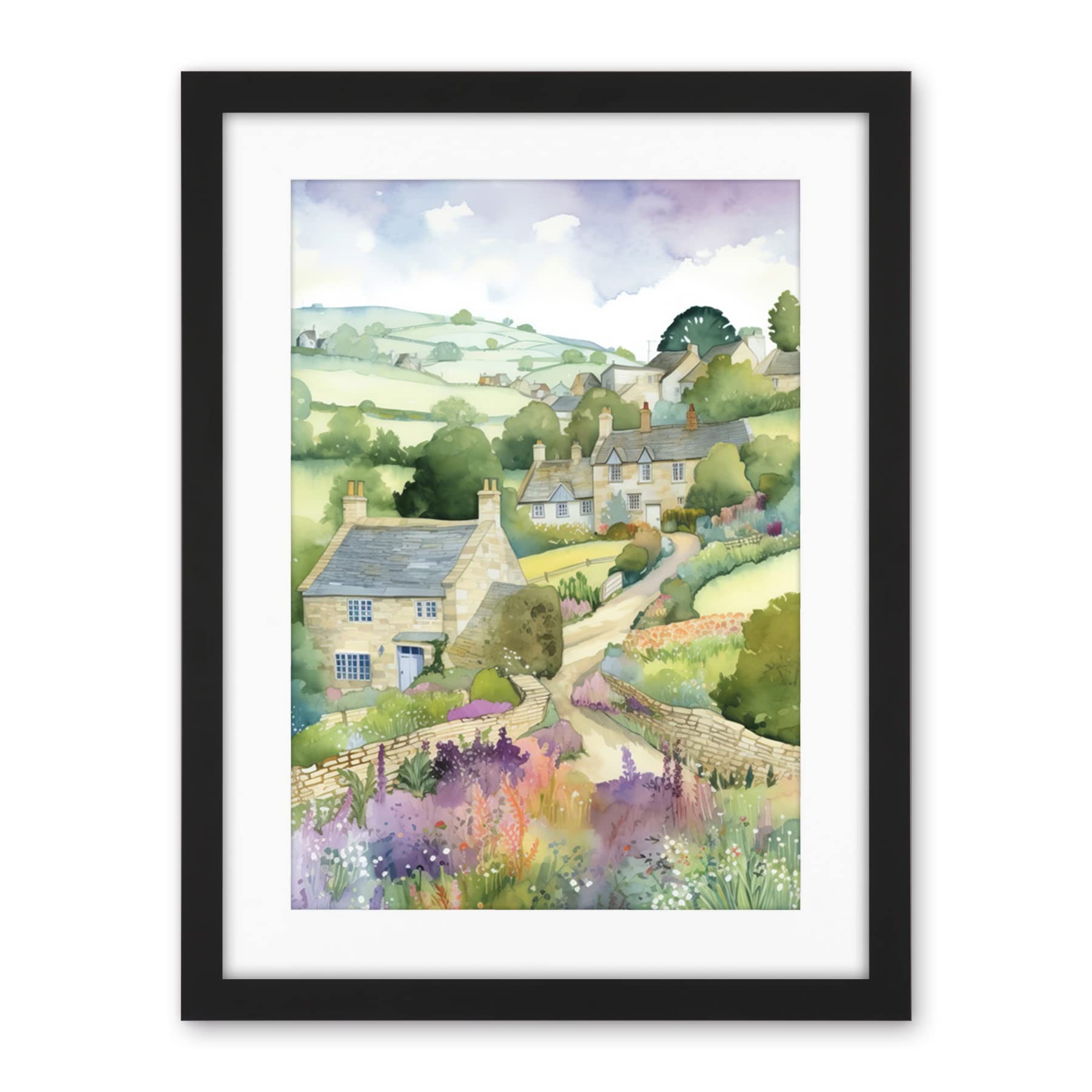 Artery8 Countryside Spring Landscape with Cottages Modern Watercolour Painting Artwork Framed Wall Art Print 18X24 Inch