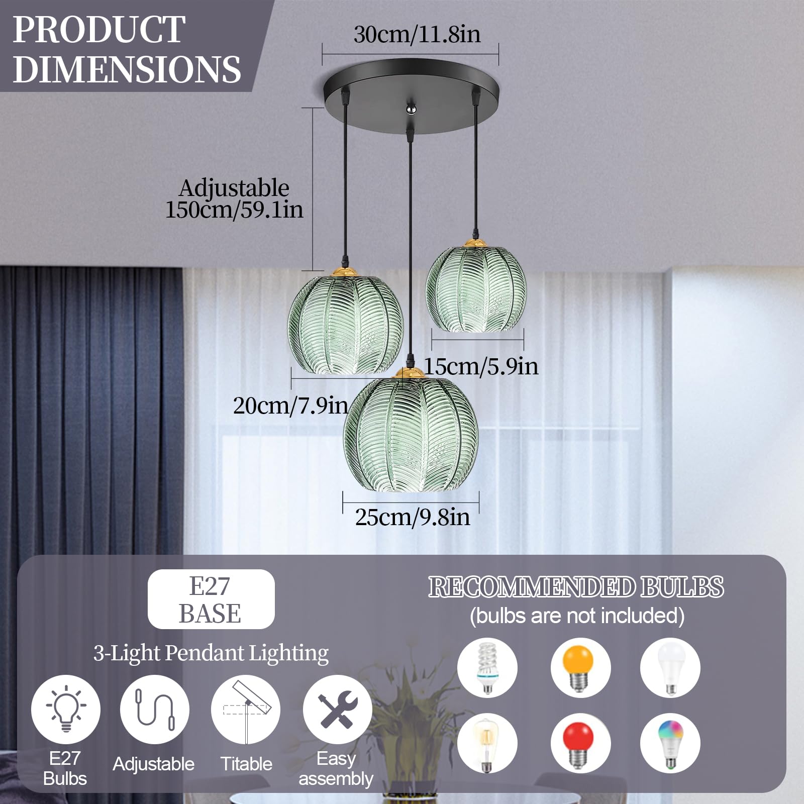 Genérico Lámpara De Araña De Cristal Verde, Lámpara De Mesa De Comedor Ajustable De Tres Cabezales, Diseño Retro De Calabaza, Cable Colte Ajustable De 150 Cm (3 Lights)