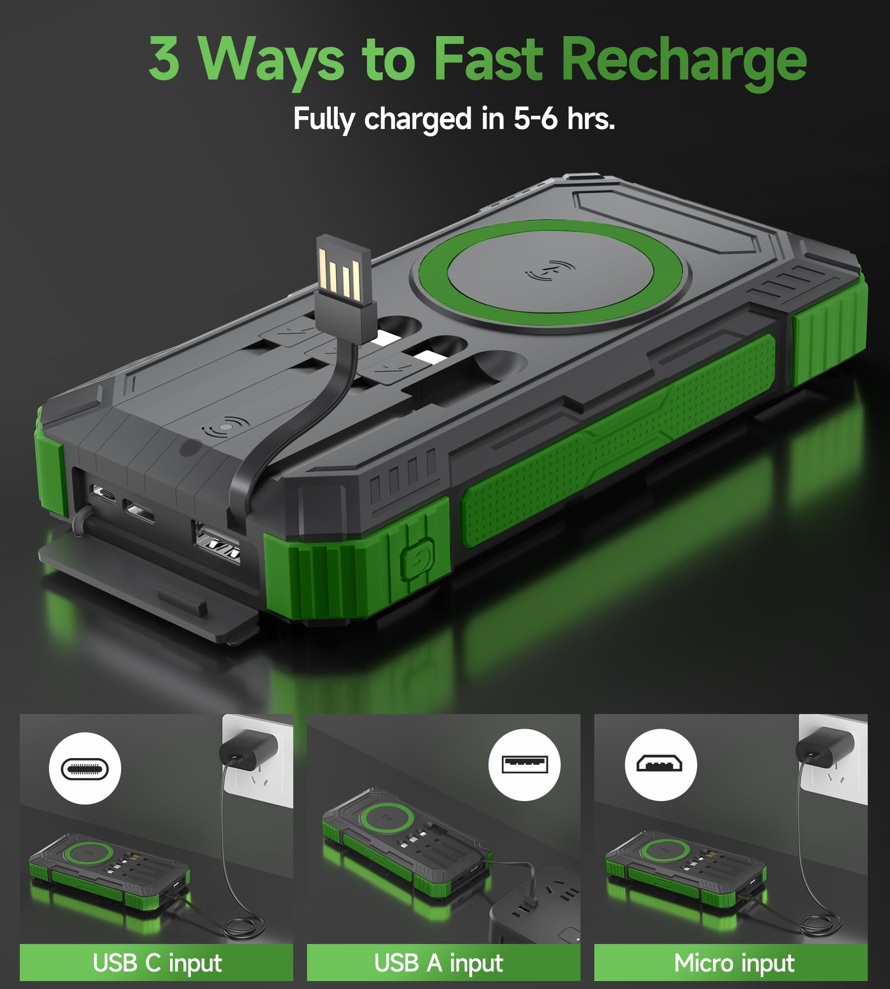 Power Bank 56800mAh:30W Solar Powerbank USB C Wireless Charging Externer Akku Ladegerät mit 4 Kabeln Schnellladung 6 Ausgänge 3 Eingänge,Powerbank Solar Outdoor mit Camping LED Lampe, Kompass