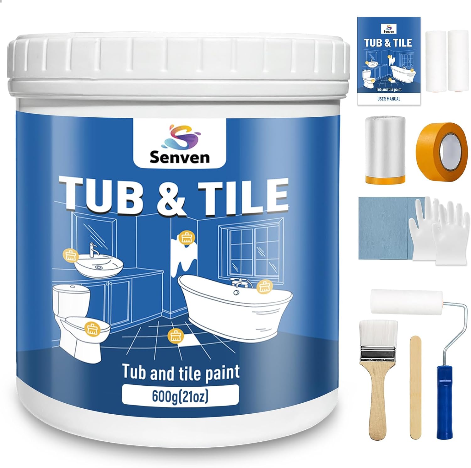 Tub and Tile Paint, Gloss White Tile Paint Refinishing Kit for Bathtub, Sink, Toilet, Bathroom Wall, Floor, Porcelain Acrylic Enamel, Water Based Low Odor, Easy to Use, 21oz, 30-35 sq.ft. Quick-Dry