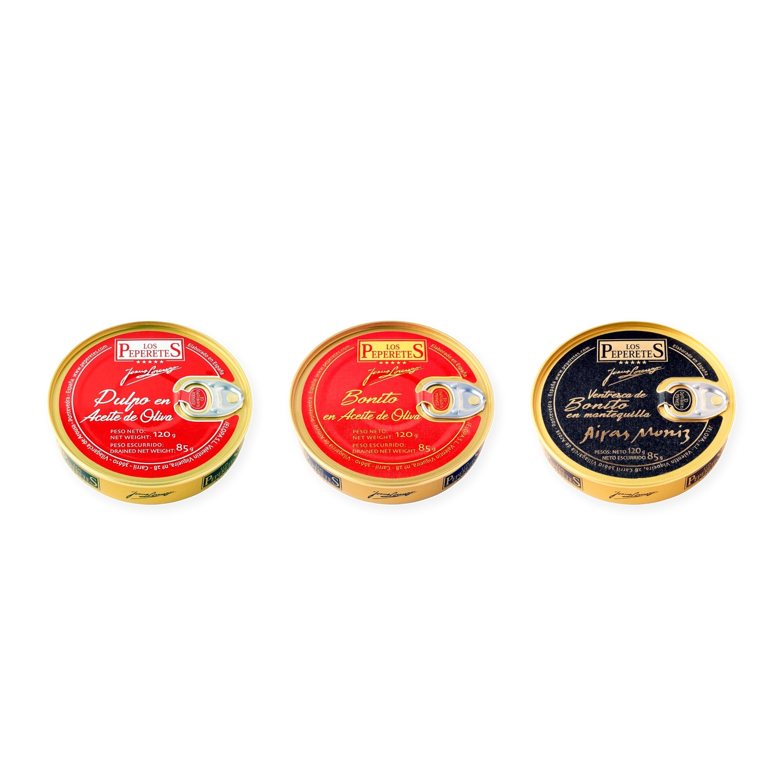 los peperetes conservas Pulpo Aceite Oliva, Bonito Aceite Oliva y Ventresca Bonito Mantequilla pack 3 latas