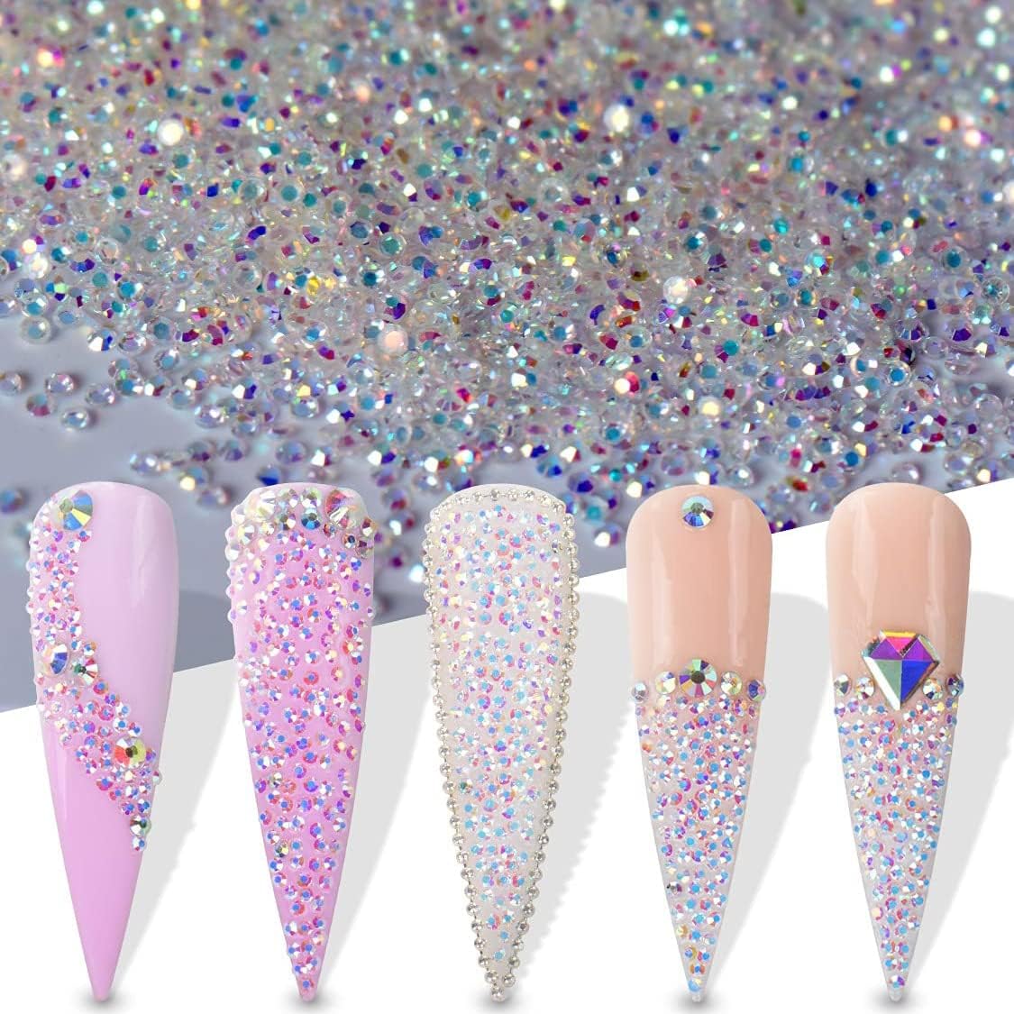 5000Pcs Nail Art Rhinestones Sharp Bottom Micro Gems Shiny Ab Colorful Design Mini Beads for 3D DIY Nail Decoration