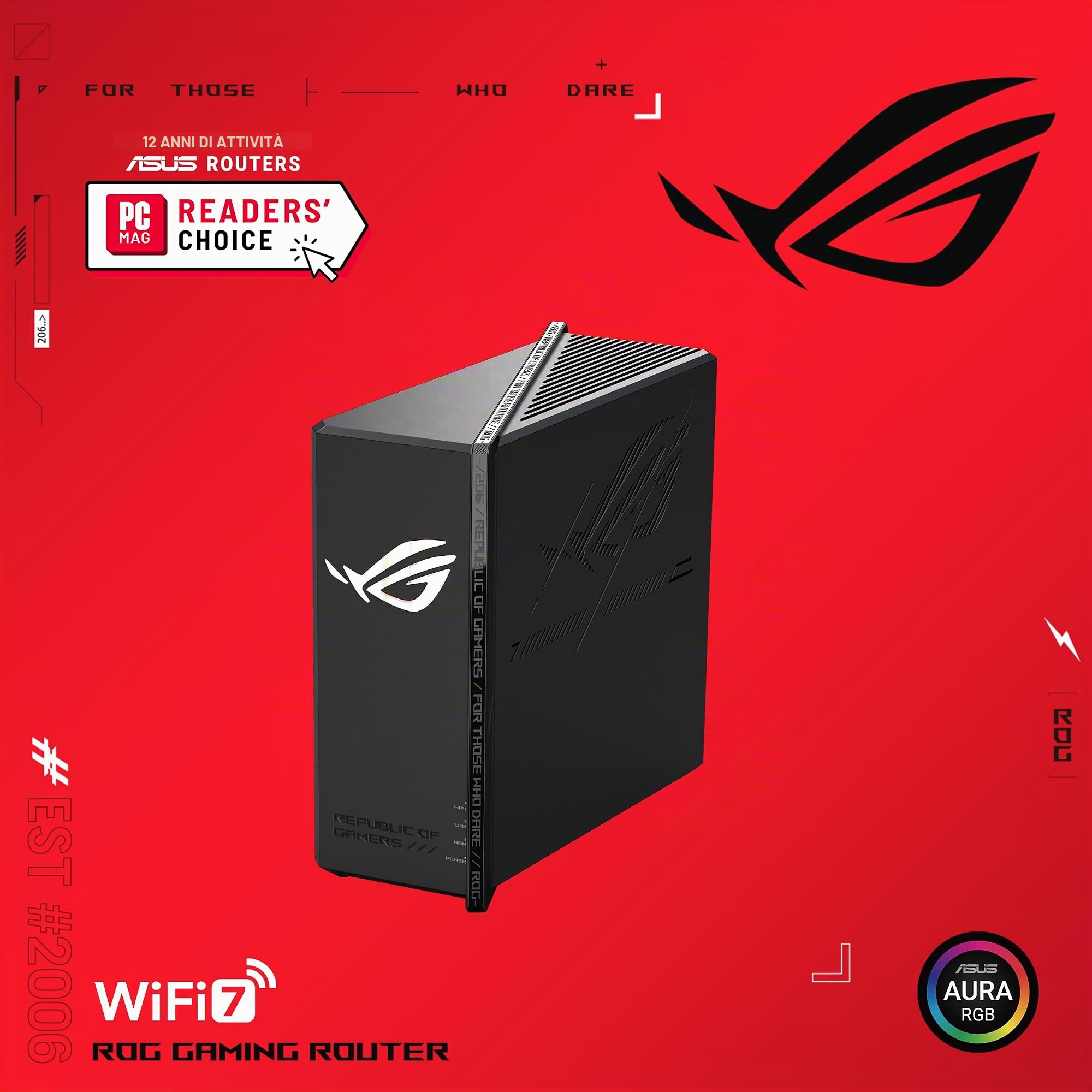 ASUS ROG Strix GS-BE12000 WiFi 7 Tri-Band Router, 12000 Mbps, Capacità cablata 20G, copertura 3.000 mq, CPU Quad-core 2.0GHz, accelerazione di gioco, sicurezza a triplo livello, compatibile AiMesh