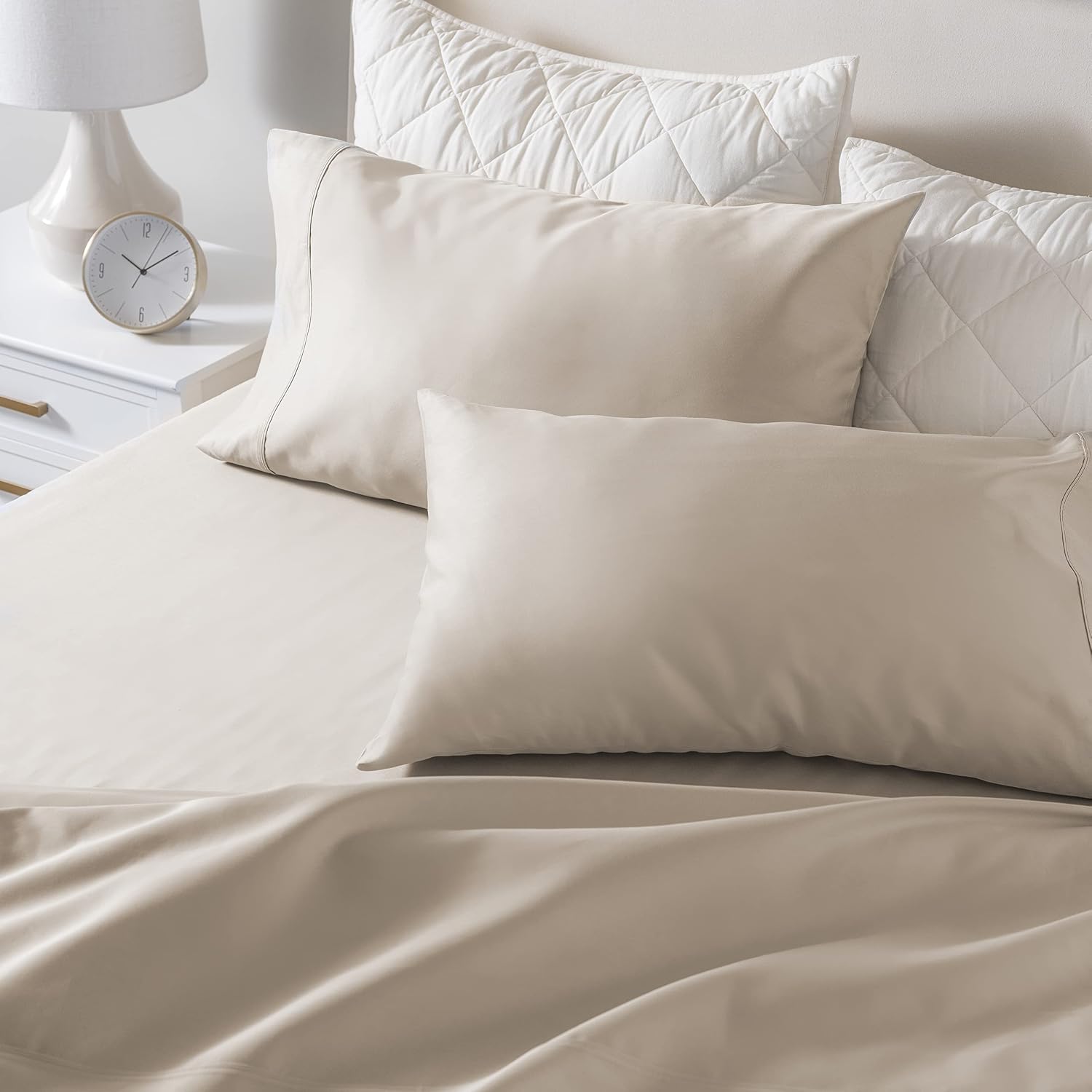 Welhome 100% Cotton Sateen Sheet | 4 Piece Set | King | Fawn | 500 Thread Count | Deep Pocket Fitted Sheet Fits Mattress Upto 16" | Silky Soft | Classic | Easy Fit | All Season