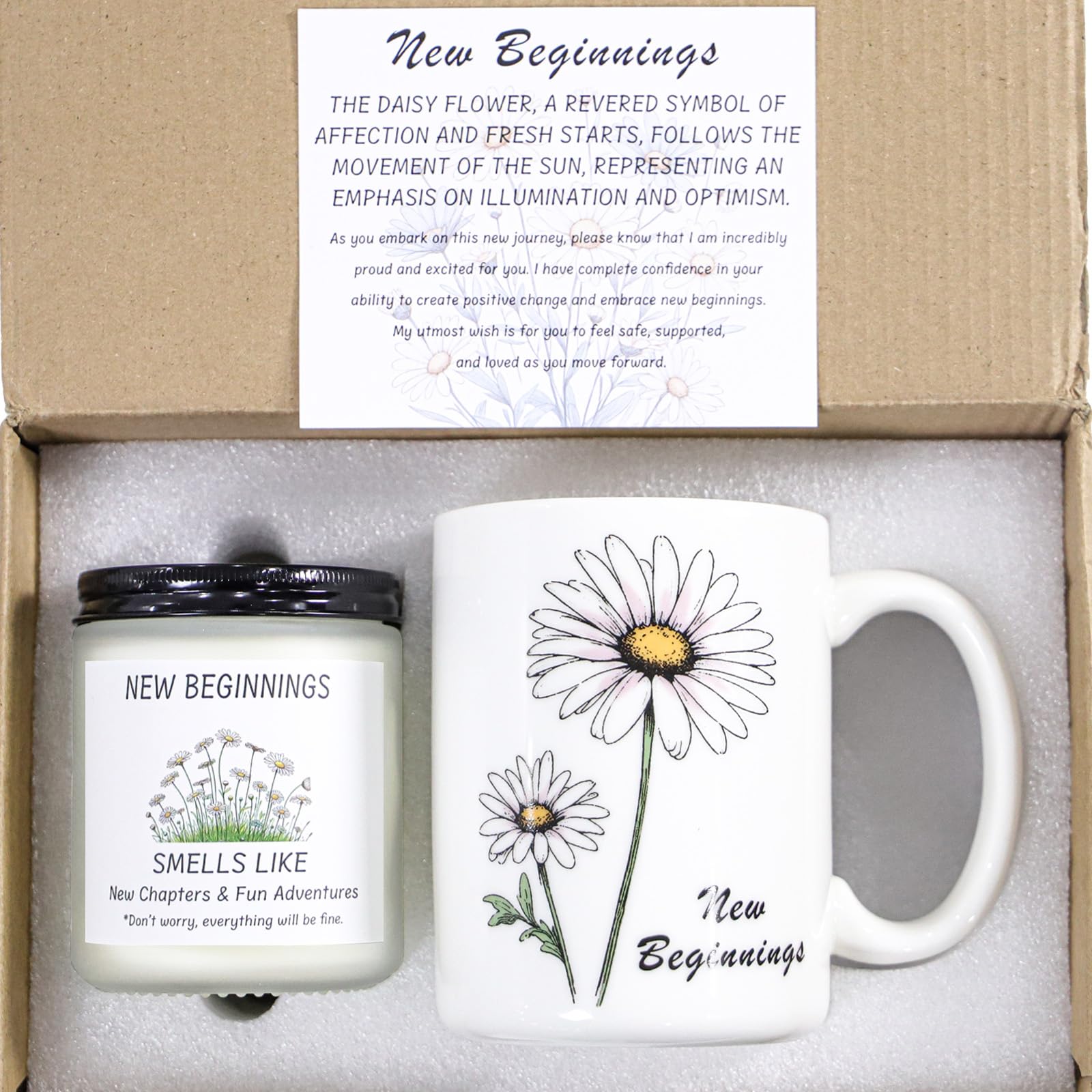 New Beginnings Box Gifts for Women, Daisy Mug & Candle Gifts Basket for Congratulations, New Job, Goodbye, Farewell, Going Away, Coworker Leaving, Good Luck, New Home, Breakup, Divorce Gifts