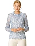 Women's Lace Top Long Sleeve Ruffle Neck Floral Blouse