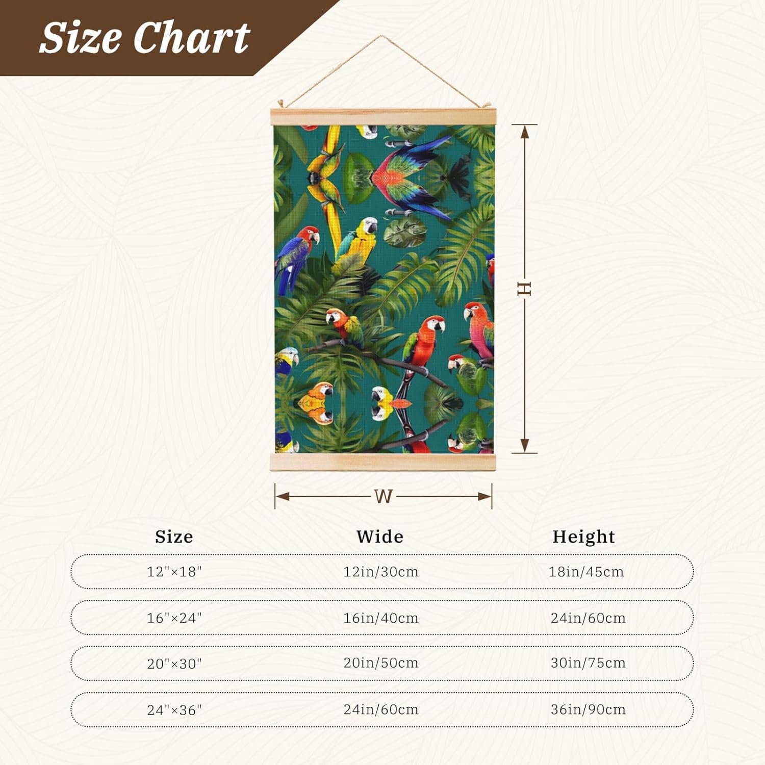 Tropical Plants And Parrots Print Poster Hanger,Hanging Poster, Poster Frame,Wood Poster Hanger, For Wall Hanging