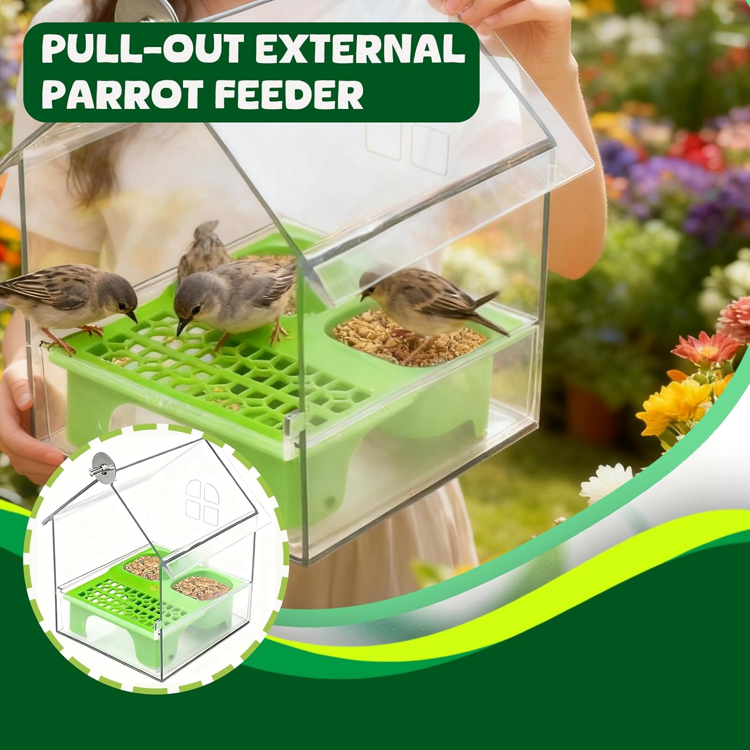 Pull-Out External Parrot Feeder, No Mess Bird Feeder, Decorative Transparent Bird Bath Tub with Two Food Slots, Easy to Fill Hold and Clean, Suitable for Parrot & Finch