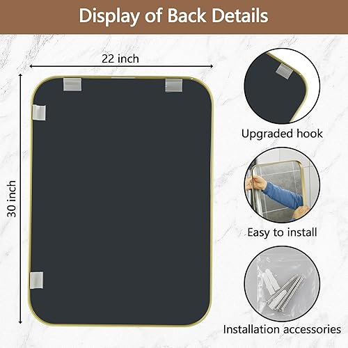 Miniatura 5 de JENBELY Espejo dorado de 22 x 30 pulgadas, espejo rectangular enmarcado con esquina redondeada, espejo de latón cepillado, espejo de baño dorado