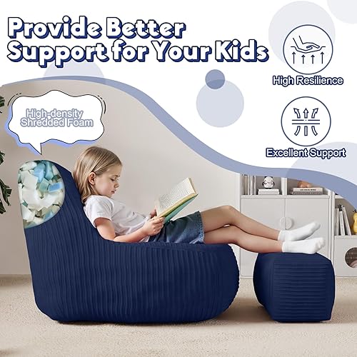 Miniatura 6 de COMAX Silla de Puf para Niños, Sillas de Puf para Niños Pequeños con Otomana para Niños y Niñas, Sofá de Corduroy para Piso con Relleno Incluido,